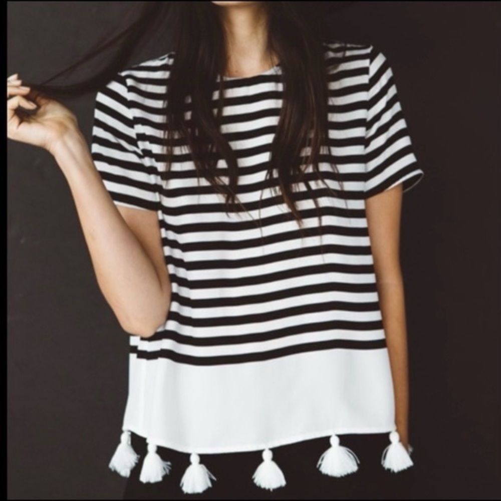 Jenni Kayne Striped Silk Tassel-Trim Blouse